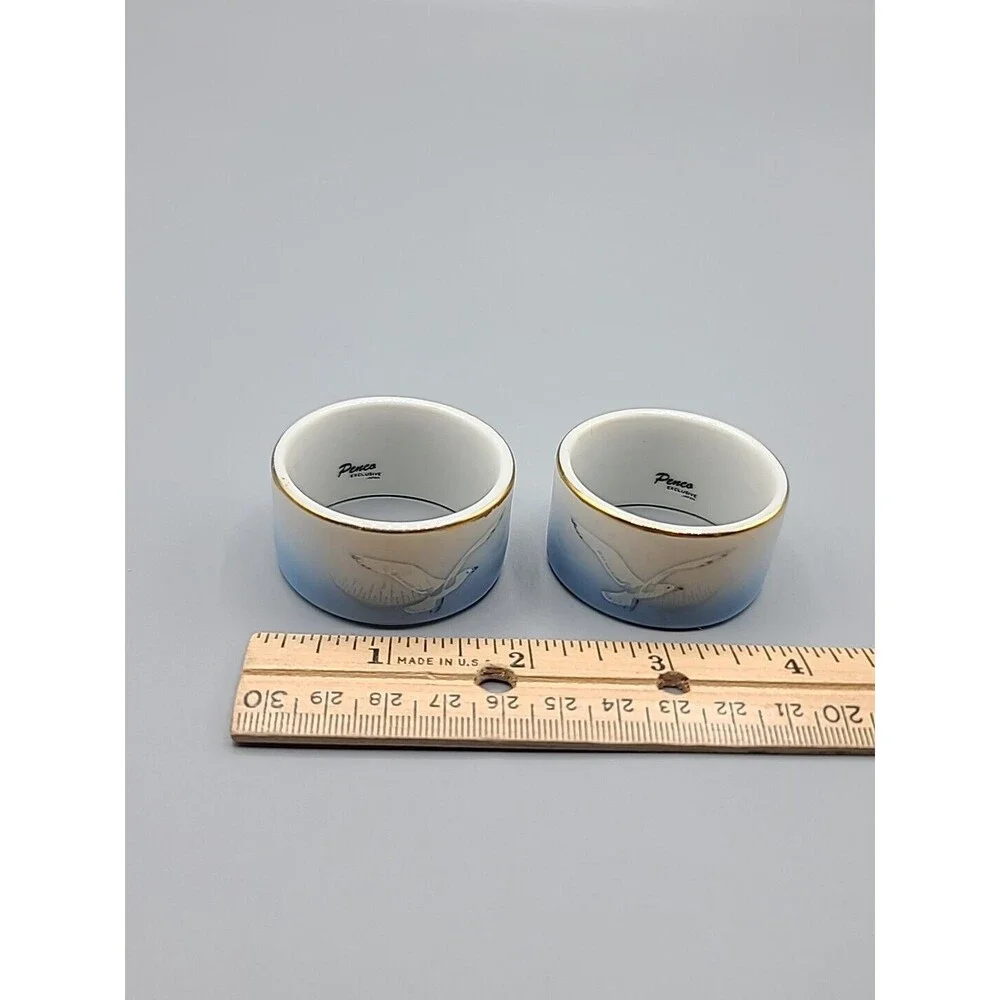 Vintage Penco Exclusive Seagull Porcelain Napkin Holder Blue Ombre Gold Rim Set